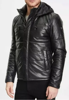 Blouson cuir capuche homme noir style doudoune