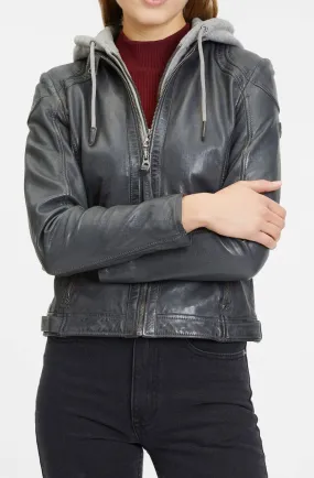 Blouson cuir femme agneau gris capuche