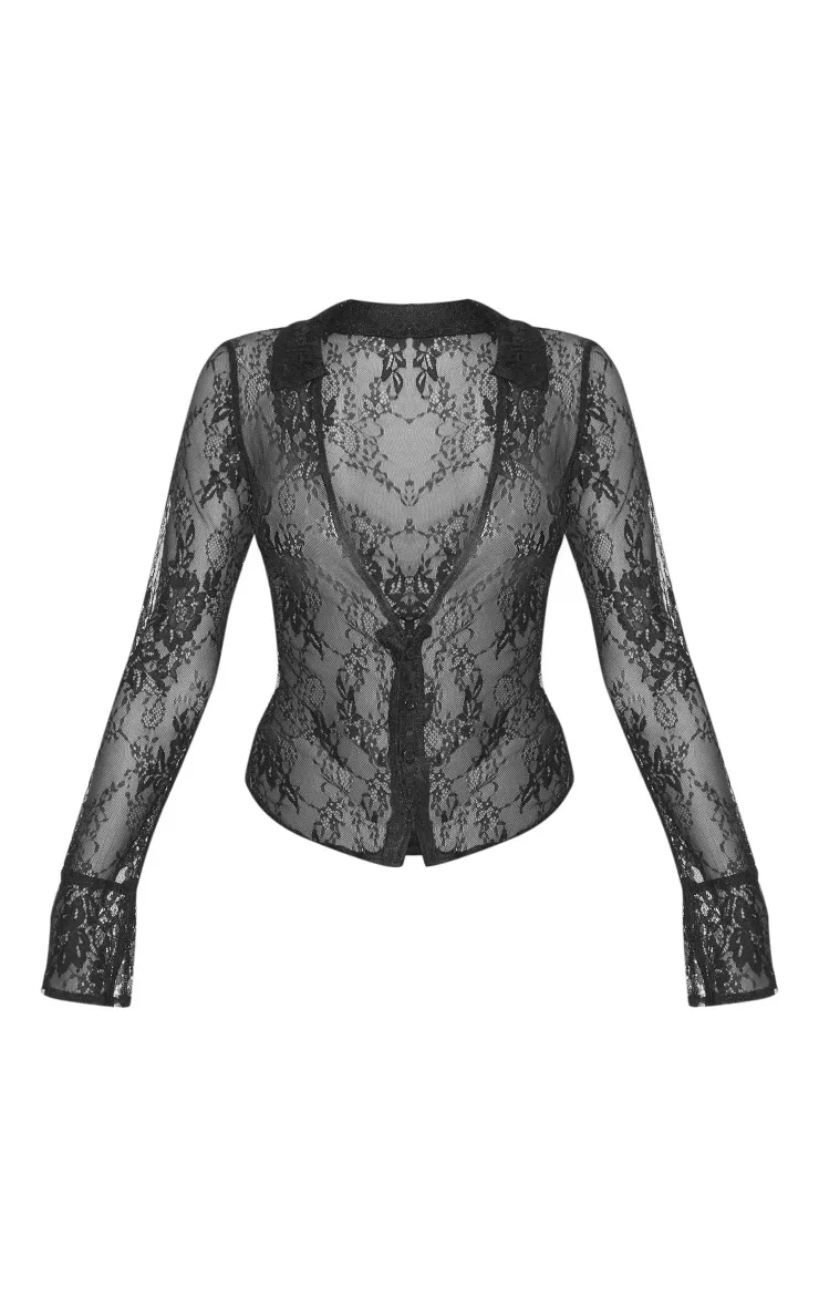 Chemise ajustée en dentelle noire transparente