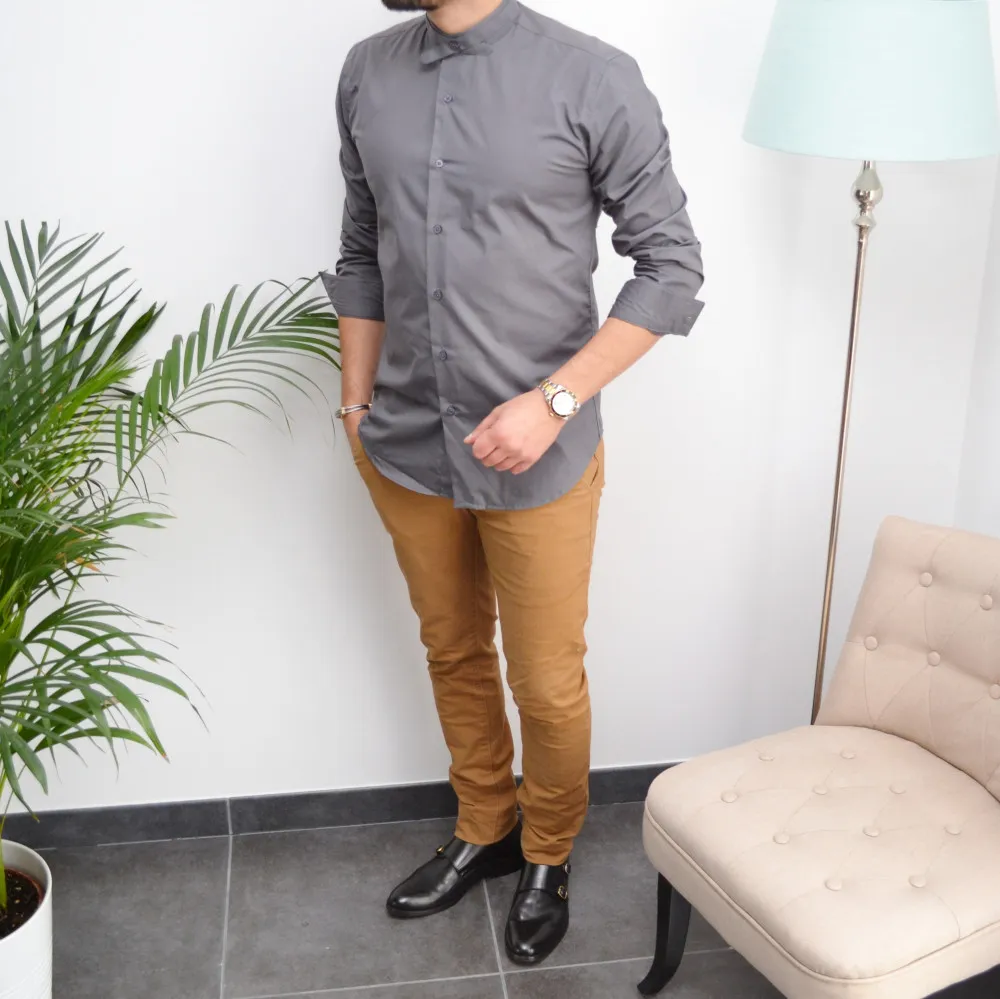 chemise homme grise slim avec col mao