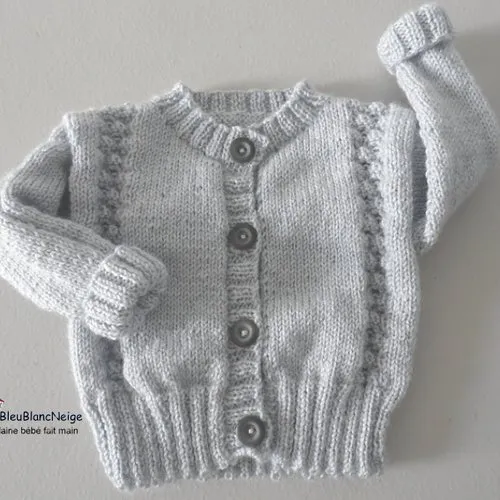 Ensemble 3 mois gilet, bonnet, chaussons, gris comete tricot bebe, layette, bb modèle sur commande