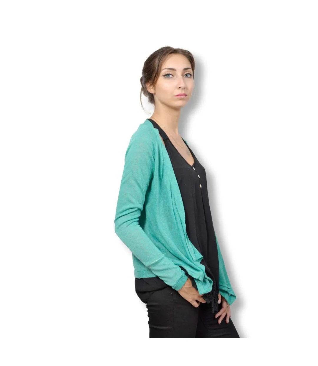 Gilet femme manches longues - Drapé - Couleur vert