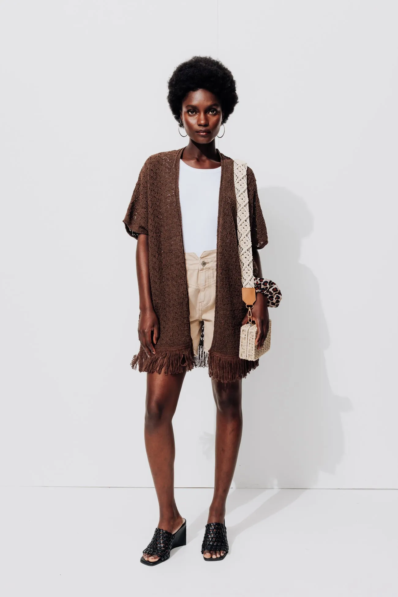 Gilet kimono en crochet Femme - Marron