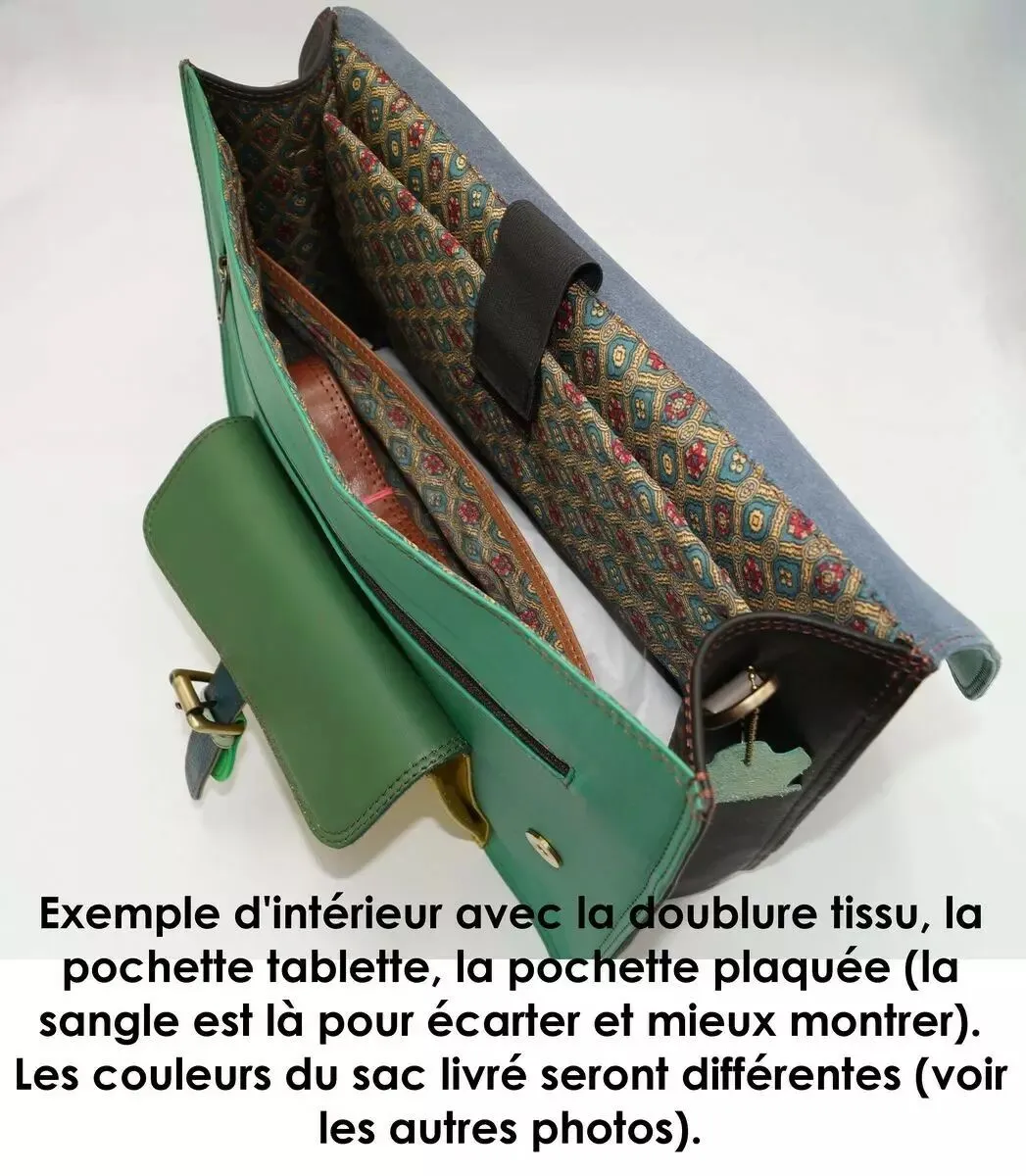 Grand sac cartable cuir, sac de travail femme imprimé animal et pétrole