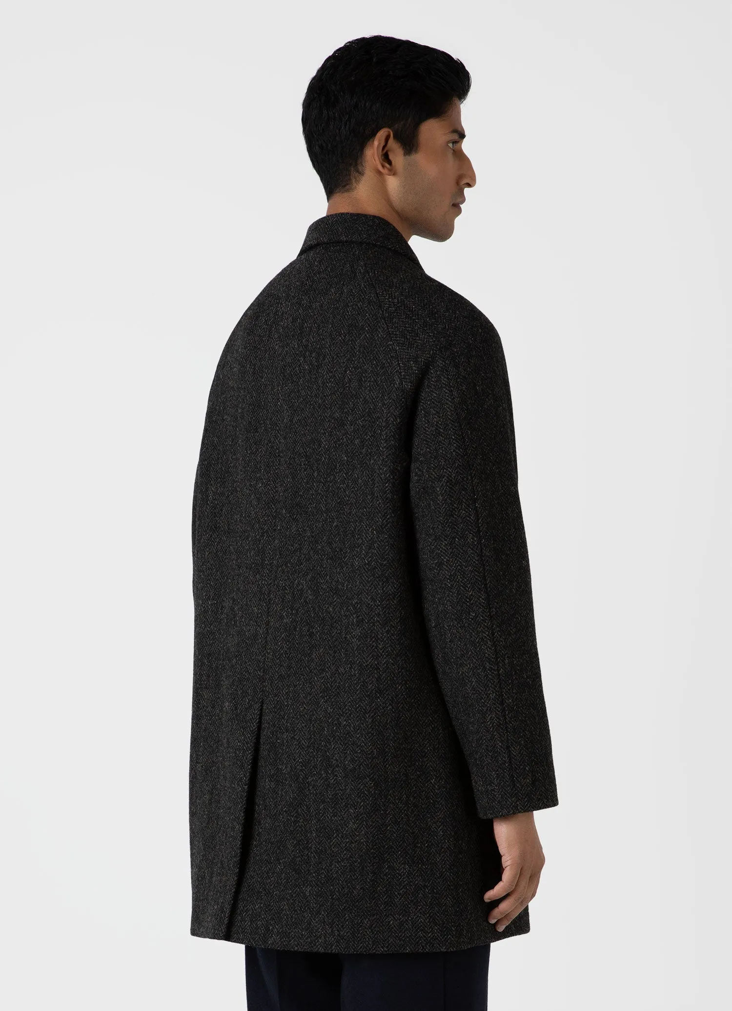 Men's Harris Tweed Car Coat in Charcoal Melange Herringbone