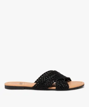 mules femme plates a brides unies tressees et croisees noir sandales plates et nu-pieds