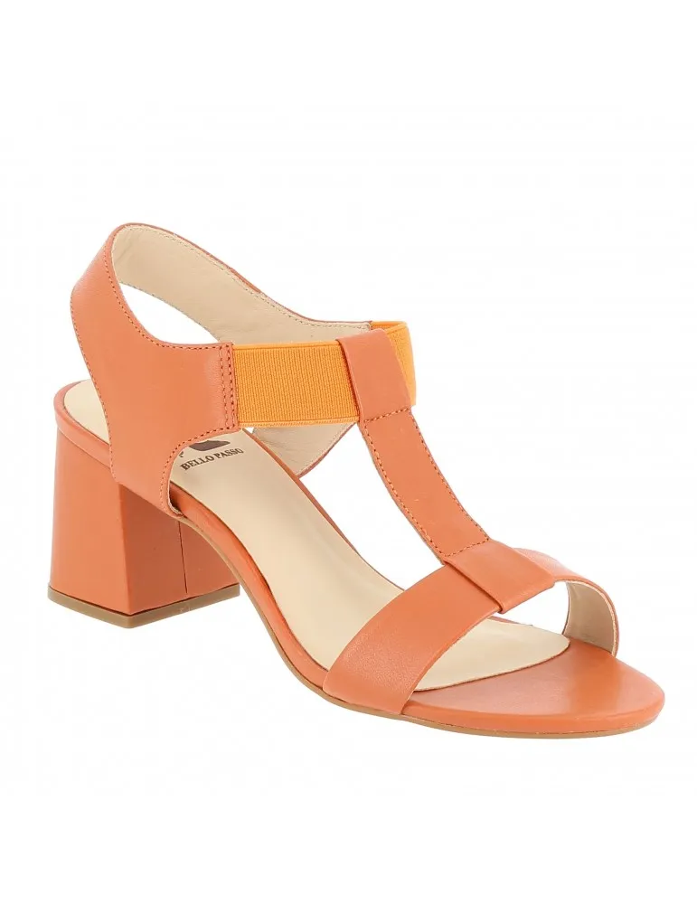 sandales talons blocs avec élastique cuir orange 07 cm