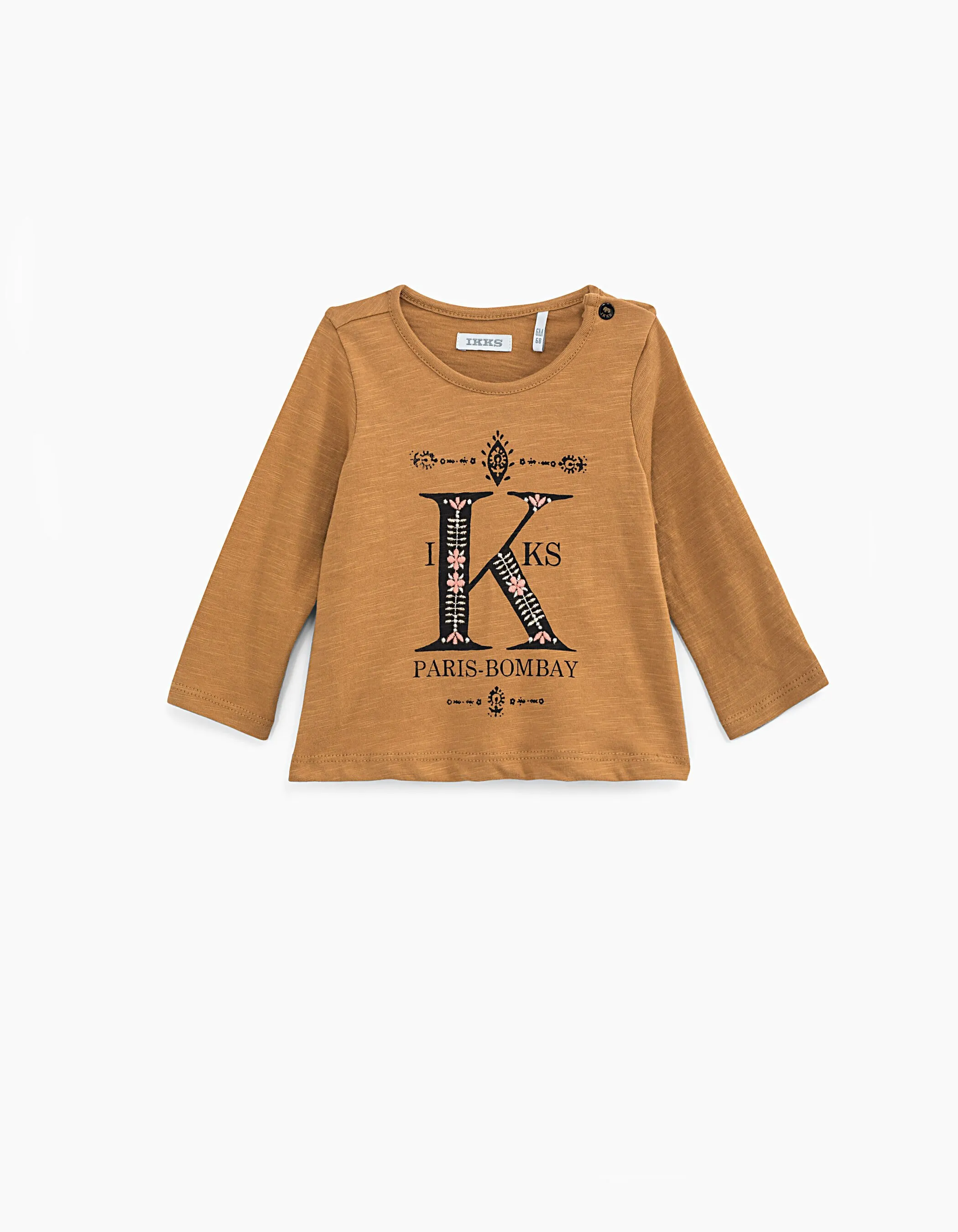 Tee-shirt ocre visuel lettre K brodée bébé fille 